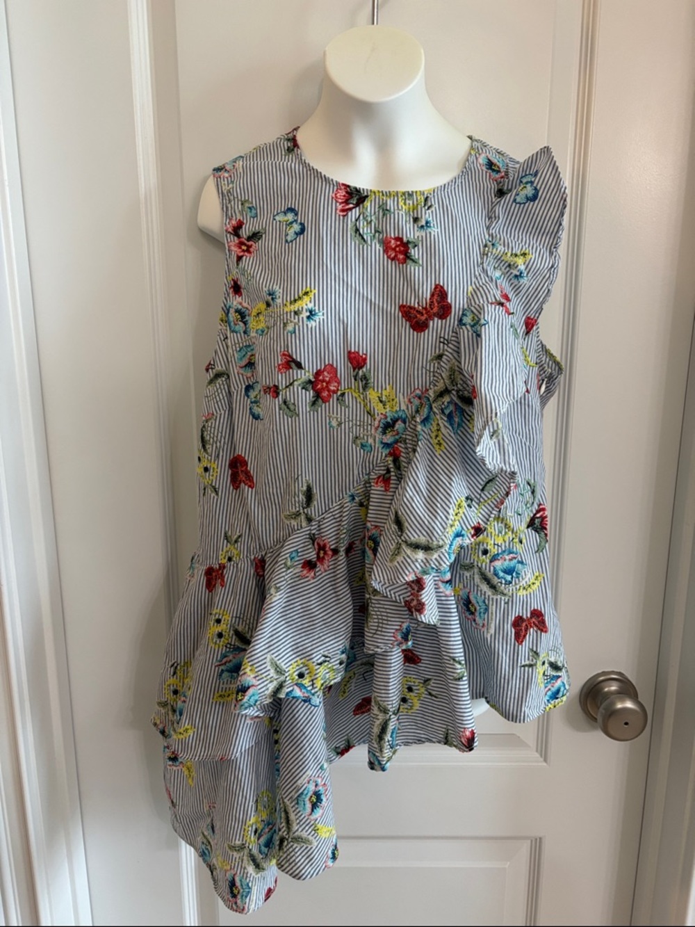 V Cristina  Blue-and-White Striped Top asymmetrical ruffles floral blouse large